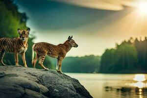 two tigers standing on a rock overlooking the water. AI-Generated photo
