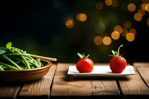 strawberries and green beans on a plate. AI-Generated photo
