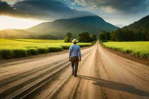 un hombre caminando abajo un suciedad la carretera en el medio de un campo. generado por ai foto