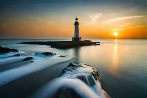 a lighthouse is seen in the sunset. AI-Generated photo