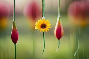 a yellow flower is hanging from a string. AI-Generated photo