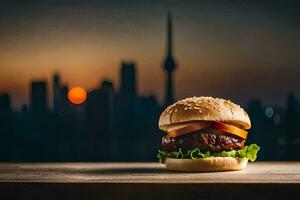 a hamburger sitting on a table in front of a city skyline. AI-Generated photo