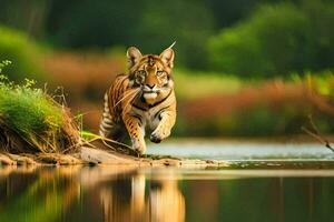 a tiger running across the water in the forest. AI-Generated photo