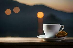 a cup of coffee on a wooden table with a view of the mountains. AI-Generated photo