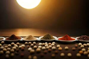 various spices and herbs in bowls on a table. AI-Generated photo