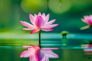 rosado loto flor en agua con verde antecedentes. generado por ai foto