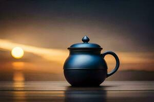 a blue tea pot sitting on a table in front of the sunset. AI-Generated photo