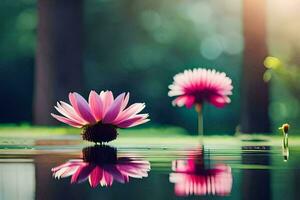 two pink flowers are floating in the water. AI-Generated photo