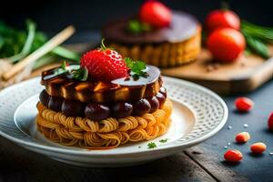 a plate with a cake and strawberries. AI-Generated photo