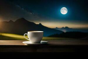 a cup of coffee on a wooden table in front of a mountain view. AI-Generated photo