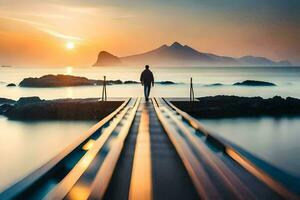 un hombre caminando en un muelle a puesta de sol. generado por ai foto