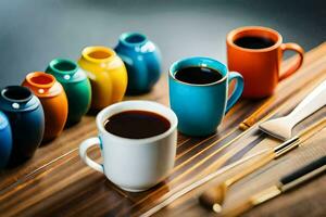 colorful coffee cups and brushes on a wooden table. AI-Generated photo