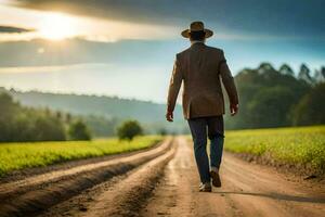 un hombre en un traje y sombrero camina abajo un suciedad la carretera. generado por ai foto