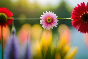 colorful flowers are in a field with a blurry background. AI-Generated photo