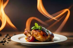 a plate of chicken on a table with flames. AI-Generated photo