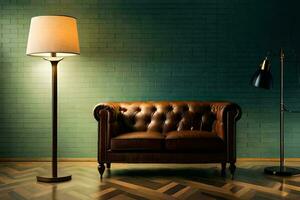 a leather couch and lamp in a room. AI-Generated photo