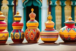 colorful vases are lined up in front of a building. AI-Generated photo