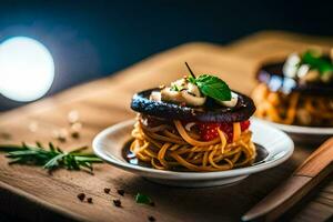 two plates with spaghetti and mushrooms on top. AI-Generated photo
