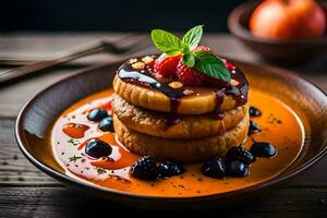 a plate with pancakes and berries on it. AI-Generated photo