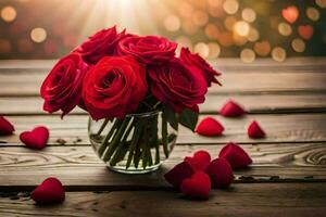 red roses in a vase on a wooden table with hearts. AI-Generated photo