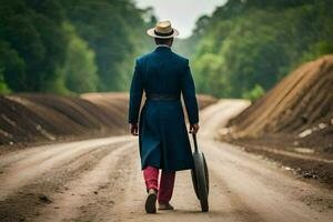 a man in a blue suit and hat walking down a dirt road. AI-Generated photo