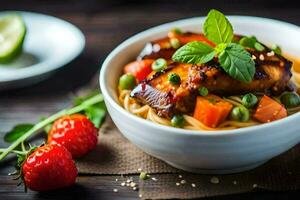 chicken and noodles in a bowl with vegetables and strawberries. AI-Generated photo