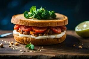 a sandwich with tomatoes and cheese on a wooden board. AI-Generated photo