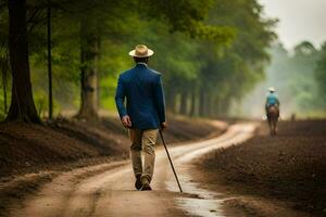 un hombre en un azul traje y sombrero caminando abajo un suciedad la carretera con un caballo. generado por ai foto