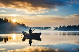 a man in a boat on a lake at sunrise. AI-Generated photo