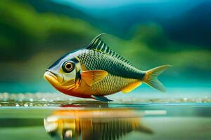 un pescado es en pie en el agua con un verde antecedentes. generado por ai foto