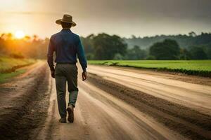 a man in a hat walks down a dirt road. AI-Generated photo