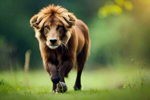 un león caminando a través de un campo. generado por ai foto