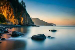 un largo exposición fotografía de un rocoso playa a puesta de sol. generado por ai foto
