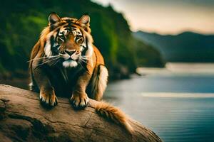 a tiger sitting on a rock by the water. AI-Generated photo