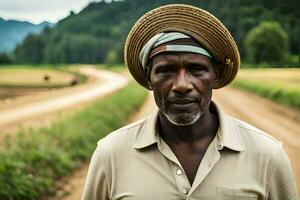 a man wearing a straw hat stands on a dirt road. AI-Generated photo