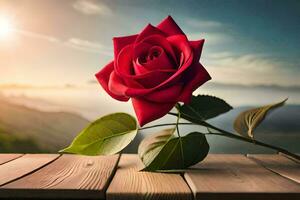 a single red rose sits on a wooden table in front of a sunset. AI-Generated photo