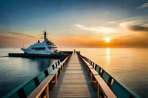 a yacht docked at the end of a pier at sunset. AI-Generated photo