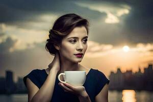 un mujer participación un taza de café en frente de un ciudad horizonte. generado por ai foto