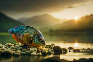 photo wallpaper the sky, fish, the sun, mountains, water, the lake, the fish. AI-Generated