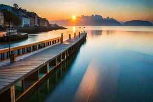 un muelle en el agua a puesta de sol con montañas en el antecedentes. generado por ai foto