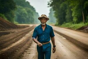 a man in a hat and blue shirt walking down a dirt road. AI-Generated photo