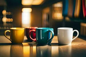three coffee cups on a table. AI-Generated photo