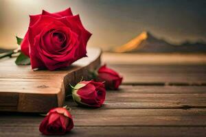 red roses on a wooden table with mountains in the background. AI-Generated photo