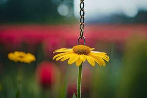 a yellow flower is hanging from a chain. AI-Generated photo