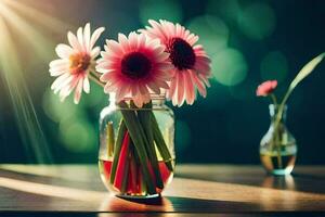 pink flowers in a vase on a table. AI-Generated photo