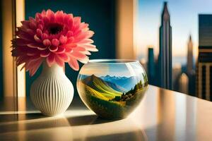 a vase with a flower and a cityscape in the background. AI-Generated photo