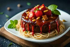 a cake with strawberries and sauce on top. AI-Generated photo