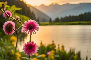 pink flowers are in front of a lake and mountains. AI-Generated photo