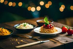 spaghetti, rice and strawberries on a wooden table. AI-Generated photo