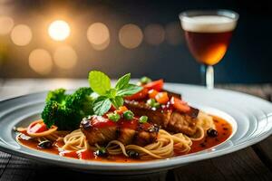a plate of spaghetti with meat and vegetables. AI-Generated photo